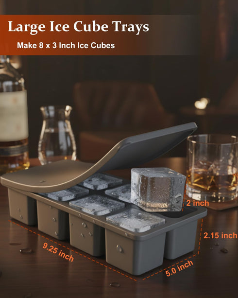 ZDPMK 3 Pack 2 Inch Large Silicone Ice Cube Trays with Lids, Large Ice Cube Molds for Whiskey, Easy-Release Square Big