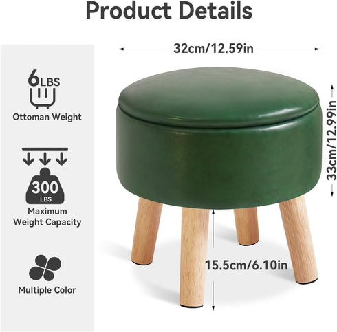 13 Inch WBD023GR IBUYKE Foot Stool Ottoman with Storage, Round Small Foot Rest with Padded Seat and Wood Legs, PU Faux