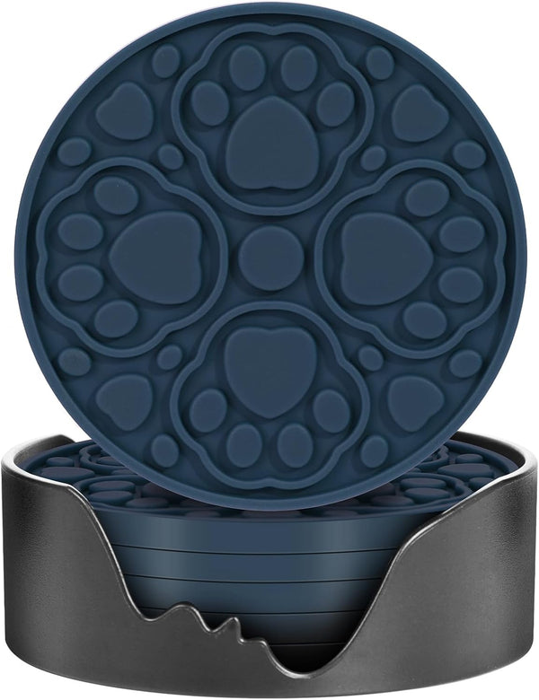 Blue Silicone Coasters with Holder, 4 Inch Non-Slip Round Coffee Cup Mats,