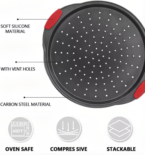 Round Pizza Pan with Holes, Non-Stick Carbon Steel Pizza Tray for Oven Cooking, Baking, Grilling, Dishwasher Safe