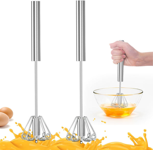 OOKUU Stainless Steel Egg Whisk - Whizzy Whisk, Semi-Automatic Blender for Blending, Whisking, Beating (2Pack 12in)