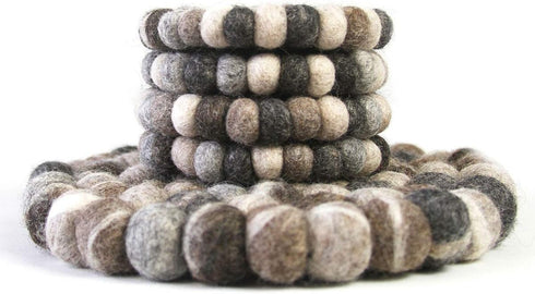 Hand Crafted Felt Ball Wool Trivet Mat, 8" Round Pad, Tie Dye Grey from Nepal