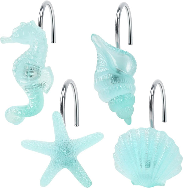 Beach Shower Curtain Hooks, Glow in The Dark, Blue Starfish, Seashell, Coastal Theme Bathroom Décor