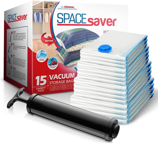 Spacesaver Vacuum Storage Bags, Variety 15-Pack, Save 80% on Clothes Storage Space, Compression Seal for Closet Storage