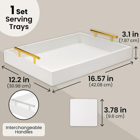 15.7" 11.8" 3.1" Juvale Ottoman Tray with Coasters & Interchangeable Gold & Silver Handles - x x - White Rustic Wood