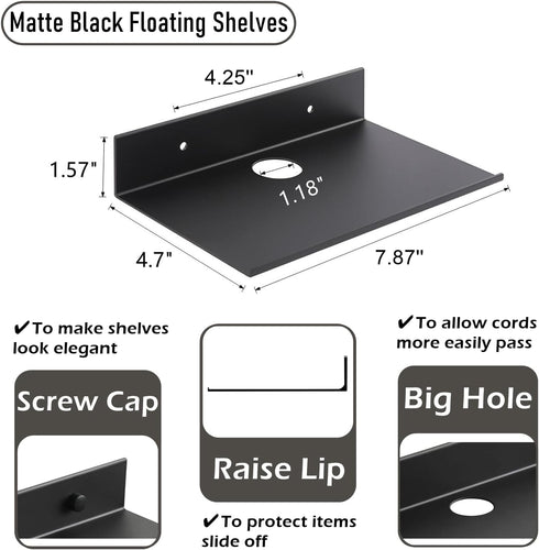 8 inch Small Metal Shelves for Wall, Self-Adhesive Floating Corner Shelves with Cable Clip, Wall Mounted, Renter