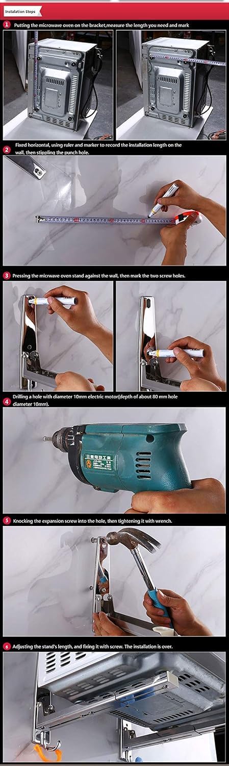 Retractable Foldable Stainless Steel Microwave Oven Rack, Wall Mounted Stand Holder with Two Hooks