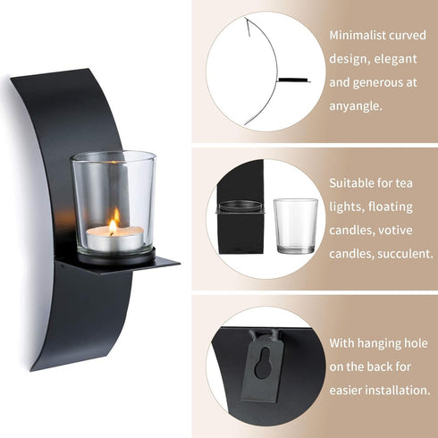 Sziqiqi Wall Candle Sconces for Decorations, Black Metallic Wall Mounted Candle Sconces for Room, Hallway, Entryway