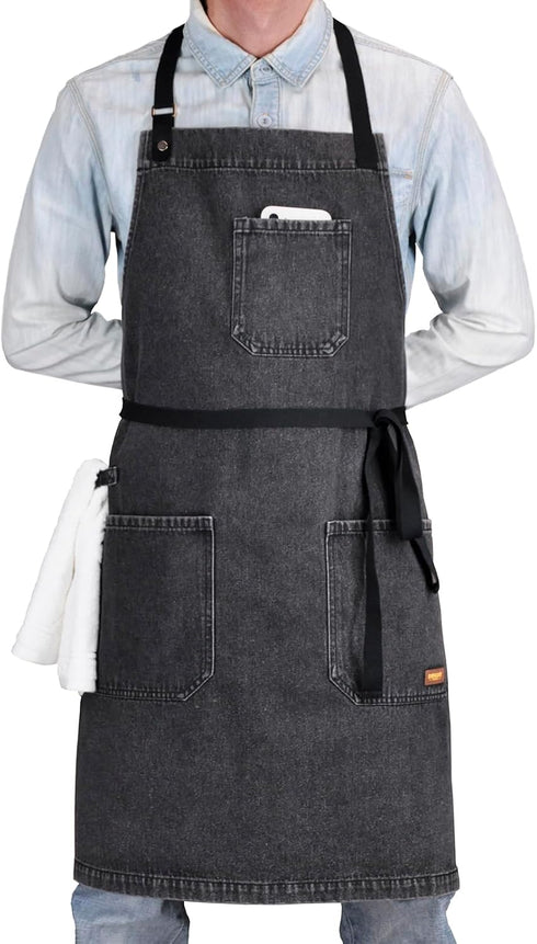 Denim Apron with Pockets, Professional for Mens Womens Chef Kitchen Cooking Grill