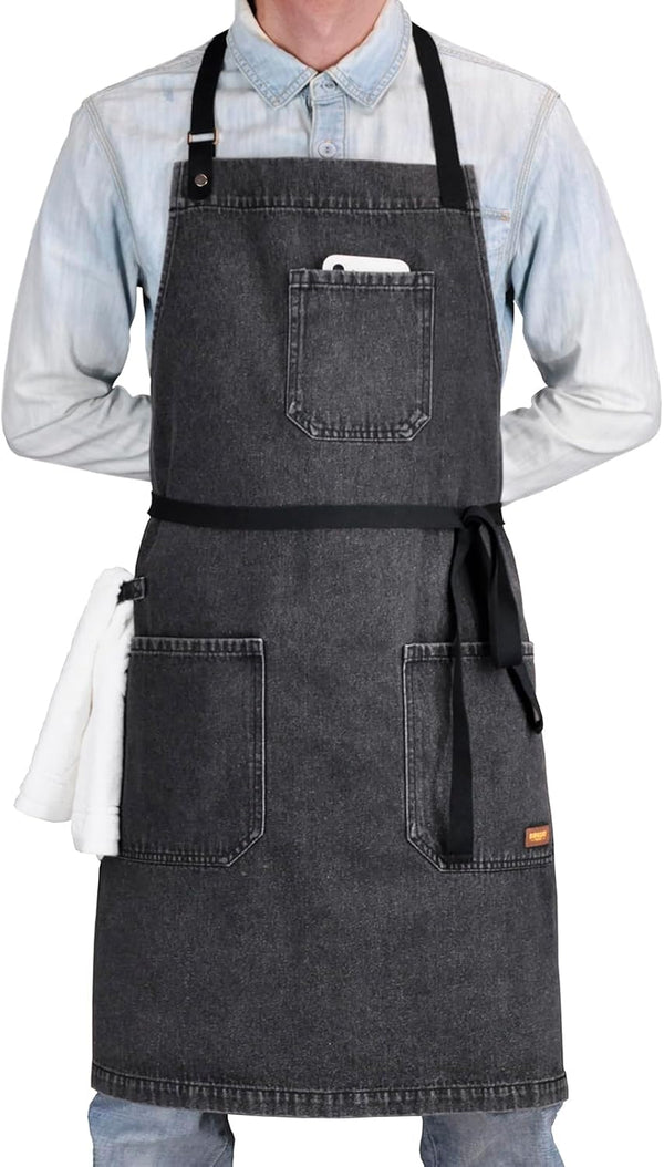 Denim Apron with Pockets, Professional for Mens Womens Chef Kitchen Cooking Grill