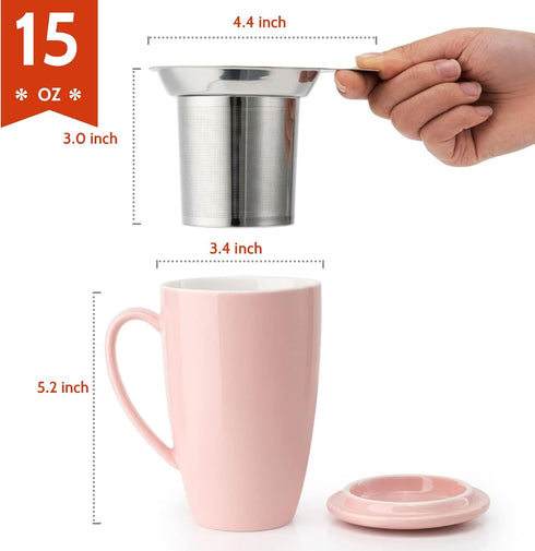 Sweese 15 OZ Porcelain Tea Mug with Infuser and Lid, Loose Leaf Tea Cup, Gifts for Tea Lovers, Pink