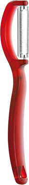 Triangle Swivel Peeler in Red, Stainless Steel Serrated Twin Blade for Soft Fruits & Vegetables, Dishwasher Safe
