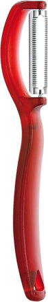 Triangle Swivel Peeler in Red, Stainless Steel Serrated Twin Blade for Soft Fruits & Vegetables, Dishwasher Safe