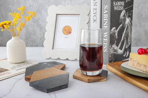 Set 4Pcs WLWNWFT Wood Black Marble Coasters for Drinks, Modern Rustic Acacia Hexagon Coaster Decorative Bar Coaster