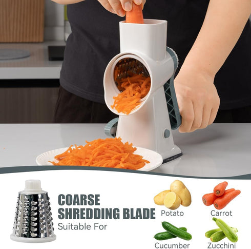 KEOUKE Rotary Cheese Grater with Handle, Vegetable Cheese Shredder Slicer for Kitchen, 3 Changeable Blades