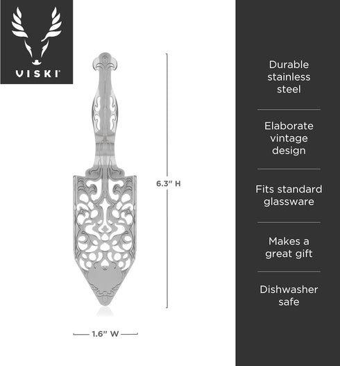 Viski Vintage Style Absinthe Dripper Spoon, Dishwasher Safe Stainless Steel Set of 1, Silver