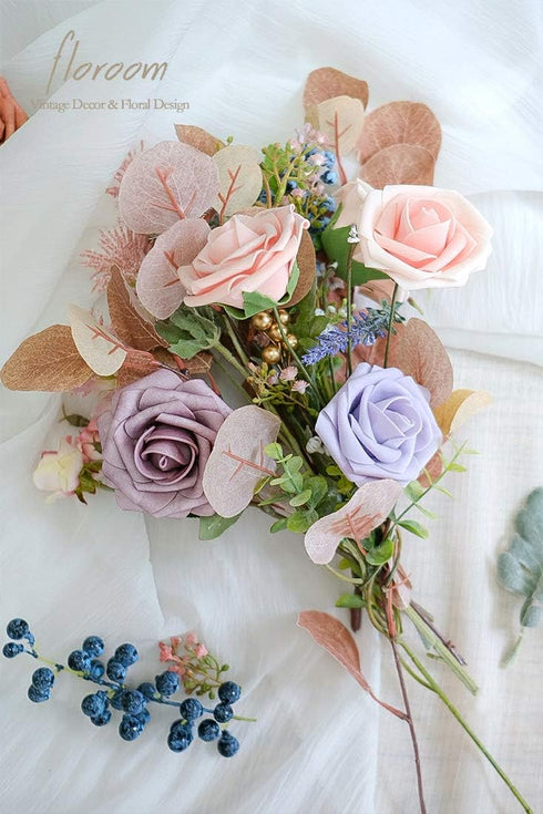 Floroom 25pcs Artificial Flowers Blush Heirloom Foam Fake Roses with Stems for DIY Wedding Bouquets, Pink