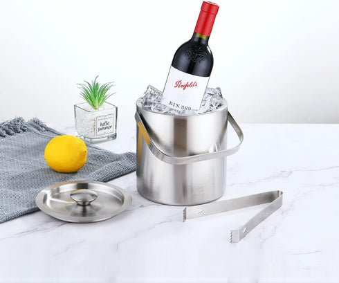 LUCKYGOOBO Mini Ice Bucket - Portable Double Wall Stainless Steel Bucket with Tong, 1.3 Liters for Parties