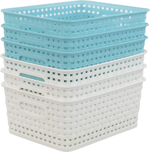 6-pack Plastic Weave Storage Basket, Small Basket, 10" x 7.48" x 4.13" in Blue and White