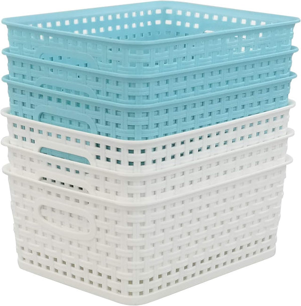 6-pack Plastic Weave Storage Basket, Small Basket, 10" x 7.48" x 4.13" in Blue and White