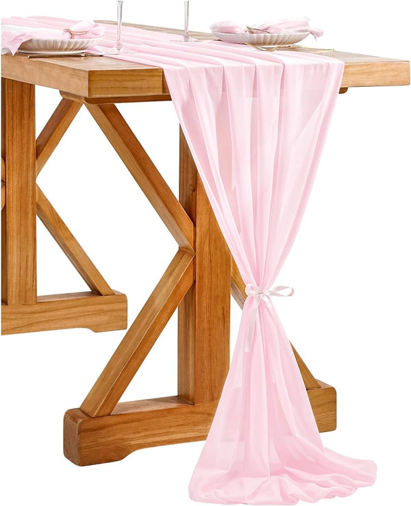 Chiffon Table Runner 27x120 Inches Pink Rustic Sheer Fabric for Wedding, Baby Shower, Birthday Party Decoration