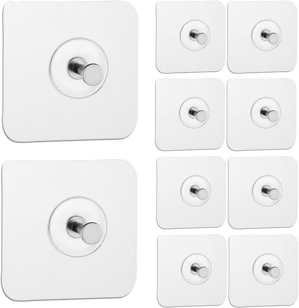 Reusable Adhesive Wall Hooks 10 Pack, 13.5lbs Max, Transparent, Waterproof and Oilproof for Bathroom Kitchen