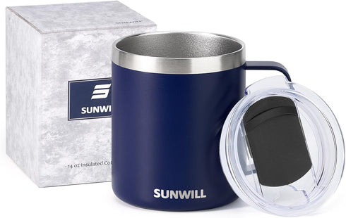 SUNWILL Insulated Coffee Mug with Lid, 14oz Travel Tumbler with Handle, Stainless Steel Cup for Camping, Navy Blue