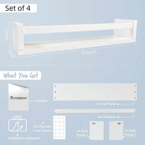 24 Inch Set 4, Forbena Wall Bookshelf for Kids Bedroom of White Floating Nursery Book Shelves for Baby Toddler Children