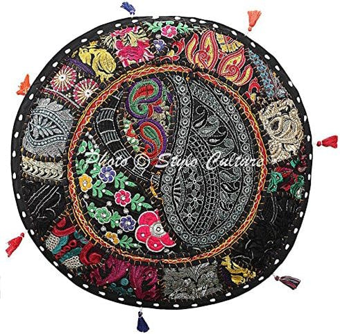 Bohemian Living Room Pouf Cover, Round Patchwork Embroidered Ottoman, Black Cotton Floral, 18x18x13