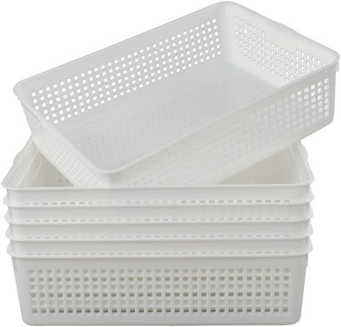 Plastic Storage Trays Baskets, Set of 6 Organizing Baskets, 13.2 x 9.6 x 3.6 Inches (White)