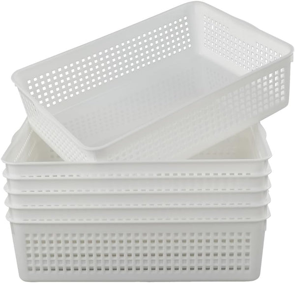 Plastic Storage Trays Baskets, Set of 6 Organizing Baskets, 13.2 x 9.6 x 3.6 Inches (White)