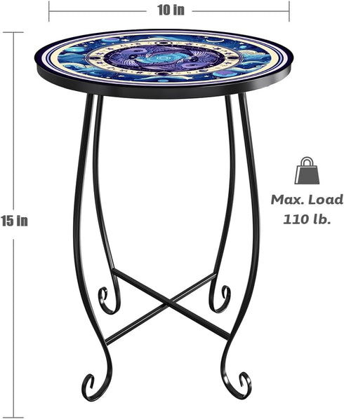 Kaesithar 15 Inch Tall Outdoor Side Table, Metal Patio End Table with Twin Koi Fish Pattern, Rust Proof Black Small