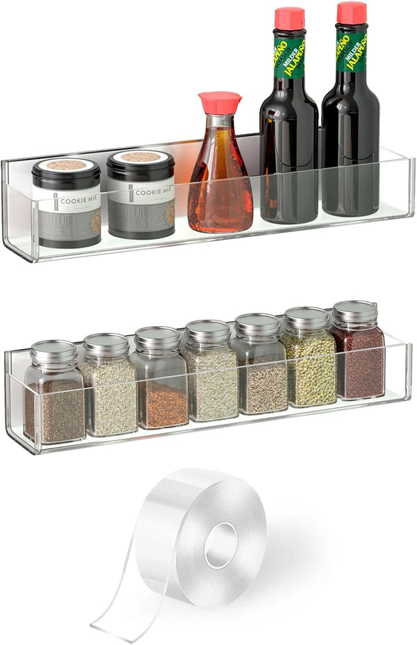 VAEHOLD Adhesive Acrylic Spice Rack with Nano Double Sided Tape, Wall Mount Organizer for Kitchen Cabinet Door - 2 Pack