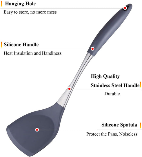 Premium Solid Silicone Spatula, Non Stick Heat Resistant Pancake Turner with Stainless Steel Handle by Lisdripe, Gray