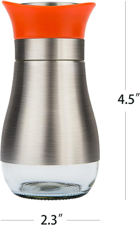 Evelyne Salt Pepper Shaker Set, 2 pcs Pack, Glass with Stainless Steel Cover (Orange)