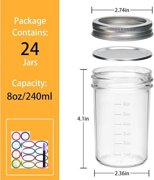 Datttcc 8oz, 24 Pack Mason Jars Canning jars, Half Pint Canning Jars with Regular Airtight Lids,Jelly Jars with Labels