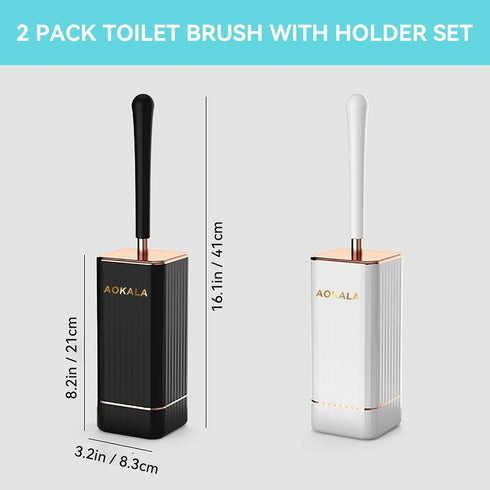 Toilet Brush and Holder, Elegant 2 Pack Silicone Toilet Bowl Brush Set with Ergonomic Long Handle, Modern Bathroom