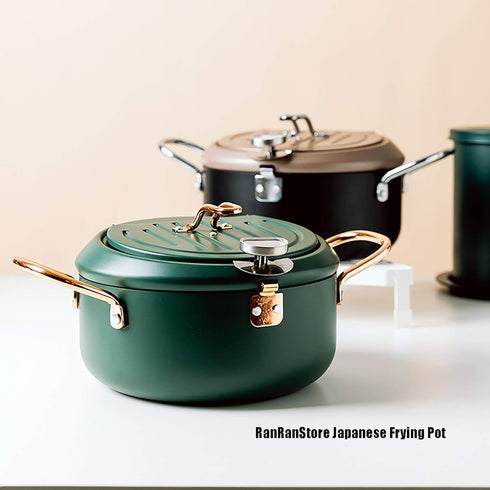 Japanese Tempura Deep Fryer Pot - Nonstick Carbon Steel Oil Fryer with Thermometer, 3.5L, Green Big Tempura Pan