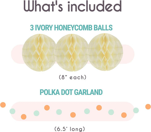EpiqueOne 22-Piece Party Set - Tissue Paper Pom Poms in Mint, Ivory & Peach | Includes 12 Pom Poms, 6 Lanterns, 3