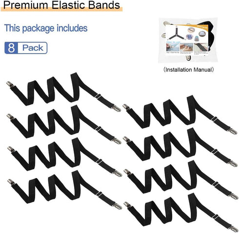 Adjustable Bed Sheet Straps Clips, 8Pcs Black Elastic Fasteners for Mattress, Sofa, Table Cloth