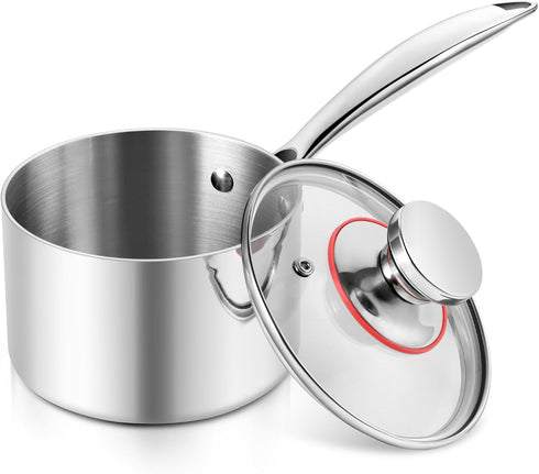 E-far 1-Quart Tri-Ply Stainless Steel Saucepan with Glass Lid, Small Cooking Induction Pot, Non Toxic