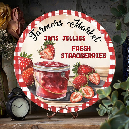 Generic 8x8 inch Jams Jellies Fresh Strawberries Aluminum Round Sign Vintage Strawberries Metal Signs Suitable for Home