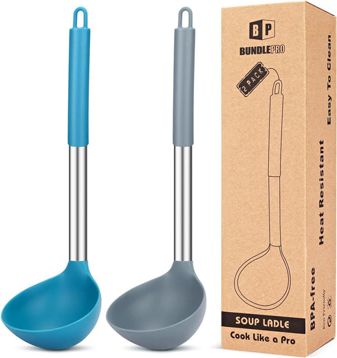 Pack of 2 Silicone Ladle Spoon, Large Non Stick Kitchen Utensils for Cooking, Stirring, Serving Soups (GREY-BLUE)
