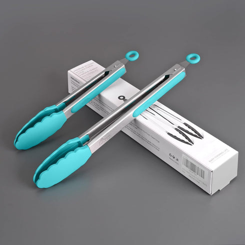 HOTEC Premium Stainless Steel Locking Kitchen Tongs Set of 2, 9" and 12", with Silicone Tips, Blue