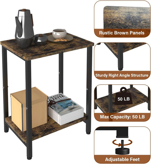 Tigerden 2 Tier Side Table, Heavy Duty End Table with Shelves, Narrow nightstand Table for Small Spaces, Record Player