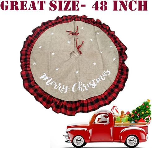 AISENO 48 Inch Christmas Tree Skirt Linen Burlap Buffalo Plaid Edge Decoration for Merry Christmas