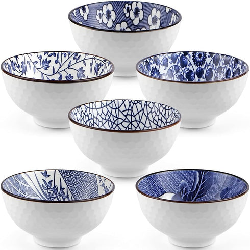 Ceramic Rice Bowls 10 oz, Japanese Style Bowl Gift Set, Assorted Dinnerware Serving Bowls for Cereal, Soup, Dessert, Snack, Fruit, Salsa, Pack of 6 (Blue and White) by Sanbege