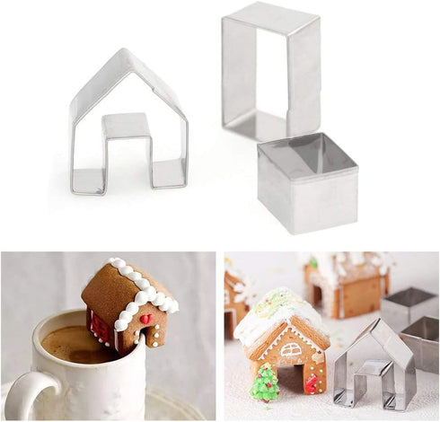 KALAIEN 3Pcs Mini House Mold Gingerbread Cookie Cutter Set, Stainless Steel, Cupcake Chocolate (Small)
