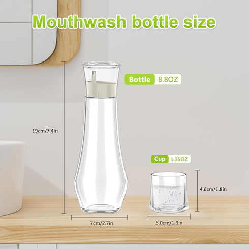 BTIFU 8.8 oz Countertop Glass Mouthwash Dispenser for Bathroom, Refillable Mouthwash Container With Lid Cup, Small