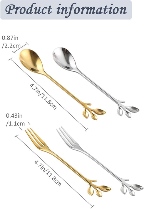 Gold Leaf Coffee Spoon Set of 4, Retro Dessert Demitasse Espresso Spoons, 4.7 Inches Cutlery Kitchen Tableware